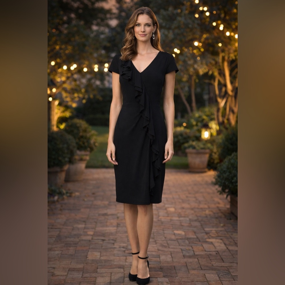 CALVIN KLEIN Black Cap Sleeve Ruffle Neckline Stretch Dress With Belt Size 6